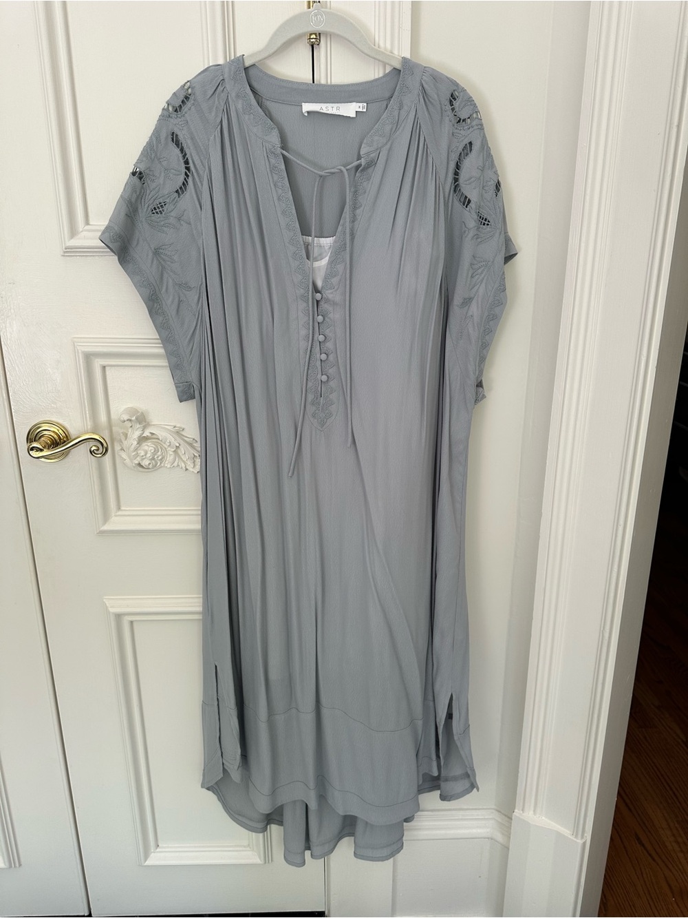Astr Soft Gray Embroidered Tie-Neck Tunic Dress